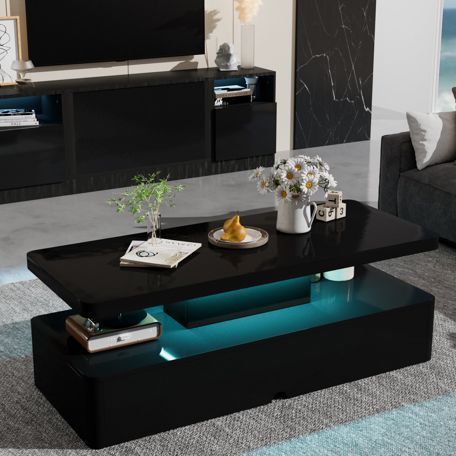Modern Stylish Coffee Table with 16 Colors LED Lights, Double-Layer Design for Living Room, Black High Gloss Acrylic