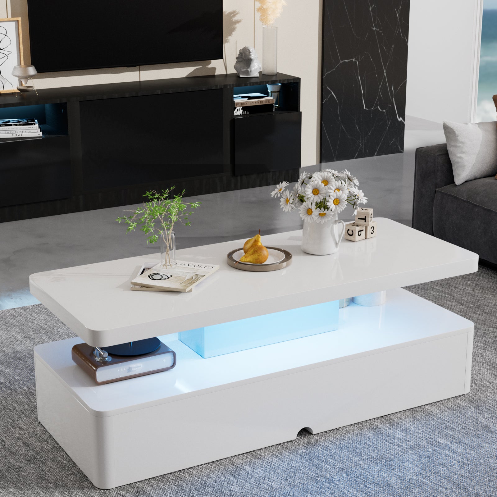 Modern Stylish Coffee Table with 16 Colors LED Lights, Double-Layer Design for Living Room, White High Gloss Acrylic