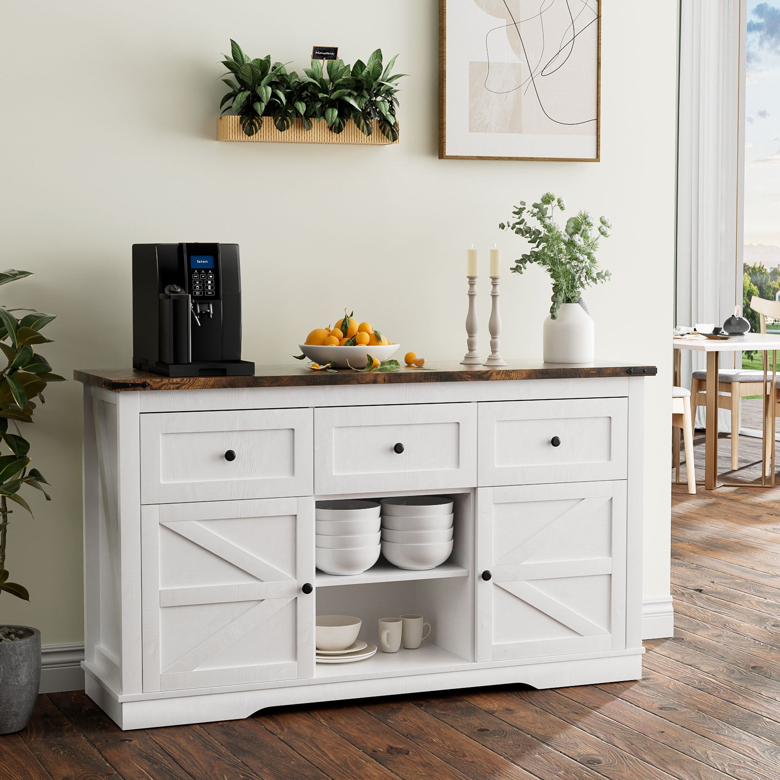 Oneinmil Storage Entryway Table, Farmhouse Sideboard Buffet with 3 Drawers & 2 Doors, Adjustable Shelves Cabinet for Living Dinning Room, White