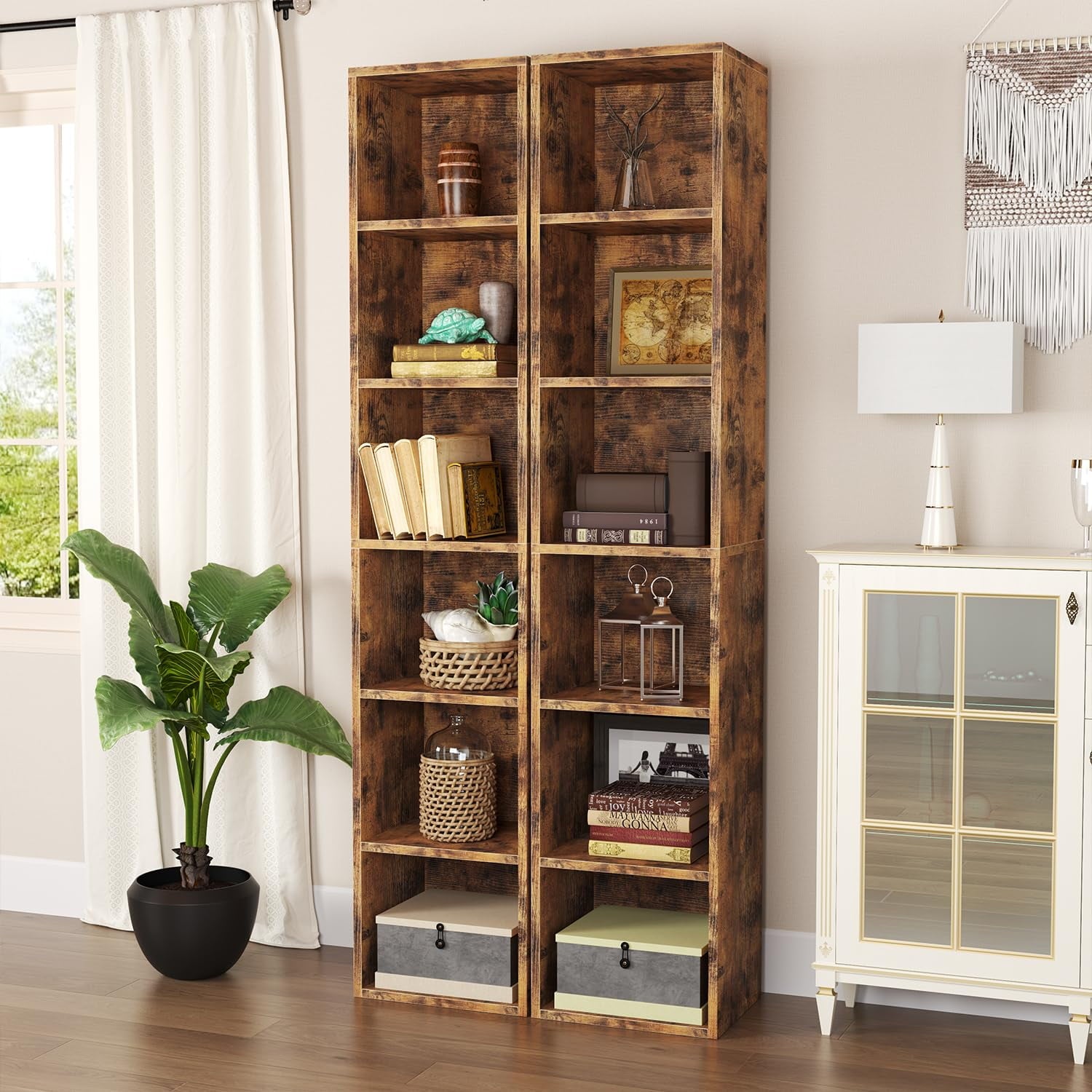 Tall Narrow Bookshelf Set of 2,6-Tier Cube Display Rack, Modern Corner Bookshelf with Storage Space, Storage Cabinet for Home Office,Brown