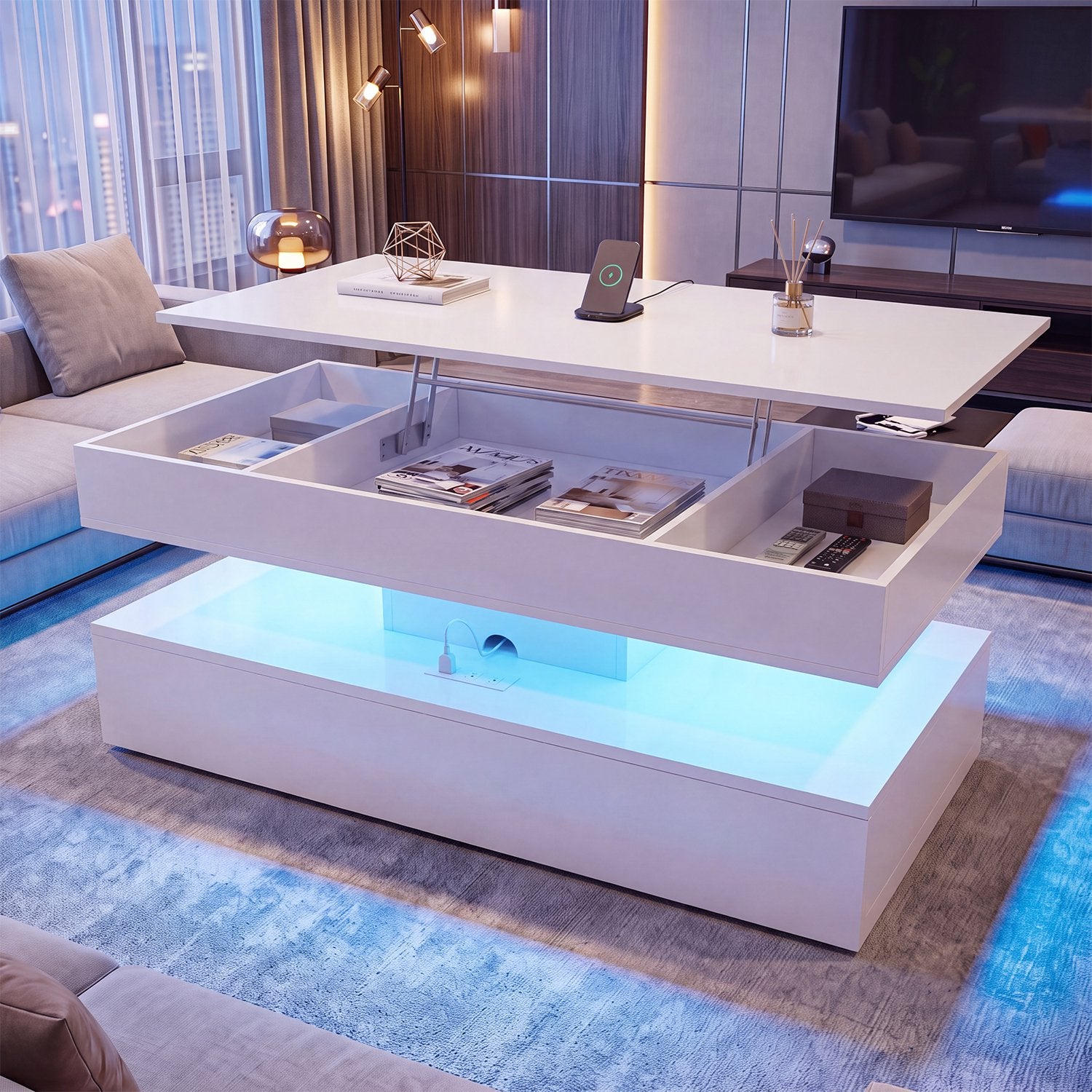 Sonegra 47" High-Glossy LED Lift Top Coffee Table with 2 Sliding Drawers, Large Open Storage Space & Ambient LED Lighting, Modern Double-Layer Livingroom Table, White