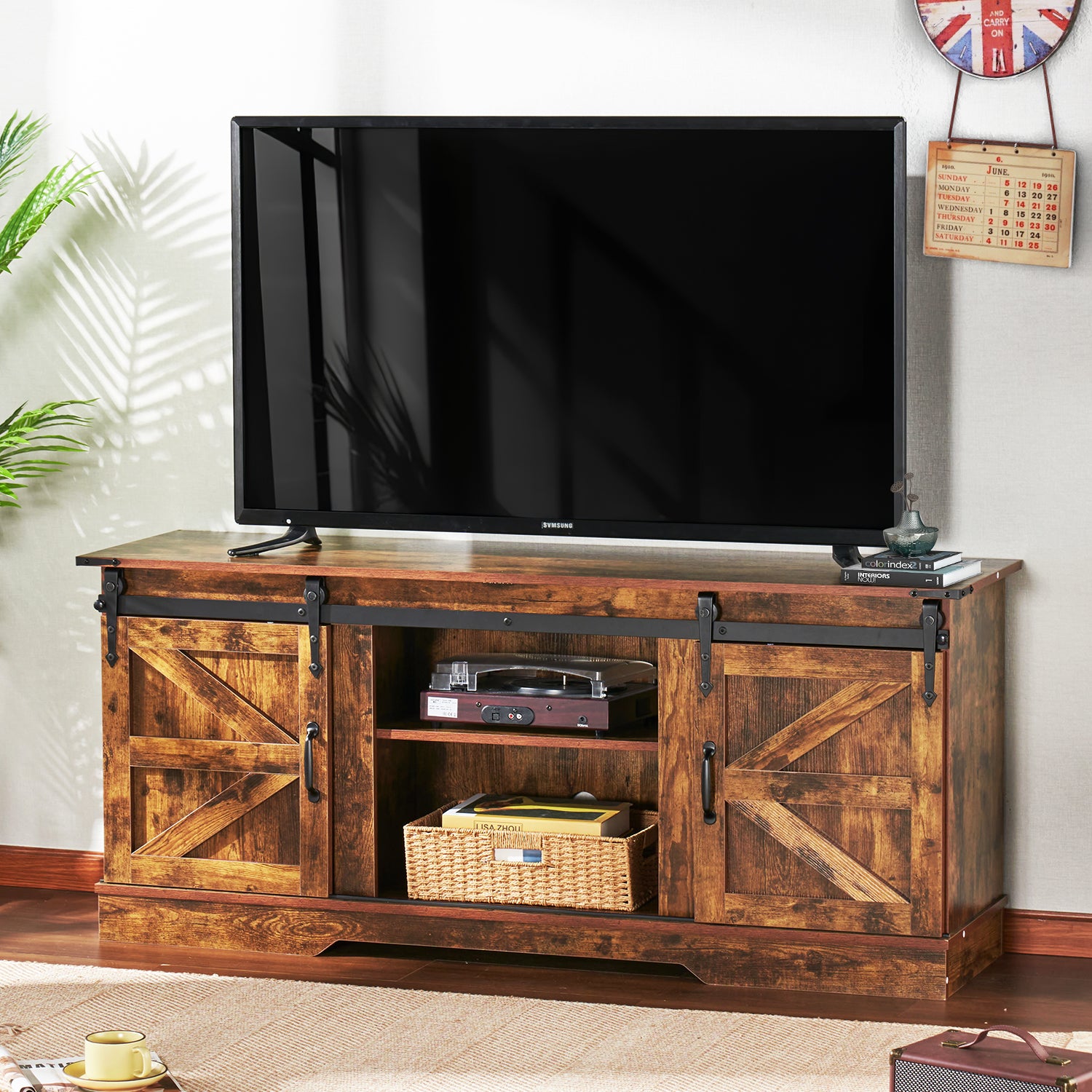 58" Farmhouse TV Stand for TVs up to 65", Sliding Track Doors and Thickened Base, Brown