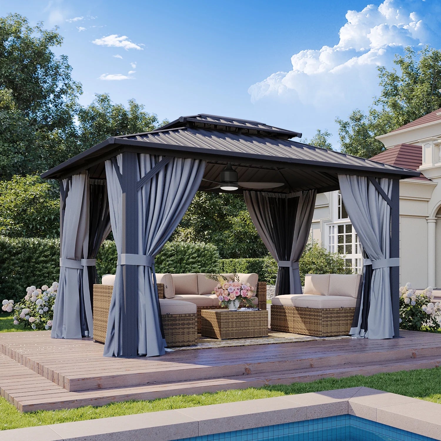 Sumnthink 10'x12' Hardtop Gazebo, Outdoor Steel Double Galvanized Roof Canopy, Aluminum Frame Permanent Pavilion Metal Gazebo with Netting and Curtains, for Patios, Gardens, Lawns