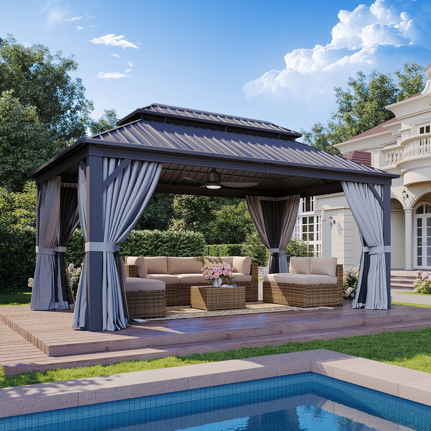 Sumnthink 12'x16' Hardtop Gazebo, Outdoor Steel Double Galvanized Roof Canopy, Aluminum Frame Permanent Pavilion Metal Gazebo with Netting and Curtains, for Patios, Gardens, Lawns