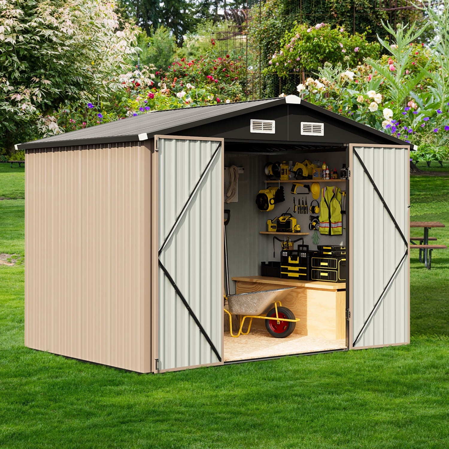 Sunmthink 6.4' x 4' Outdoor Storage Shed with Roof & Lockable Door, Metal Tool Shed for Backyard, Garden