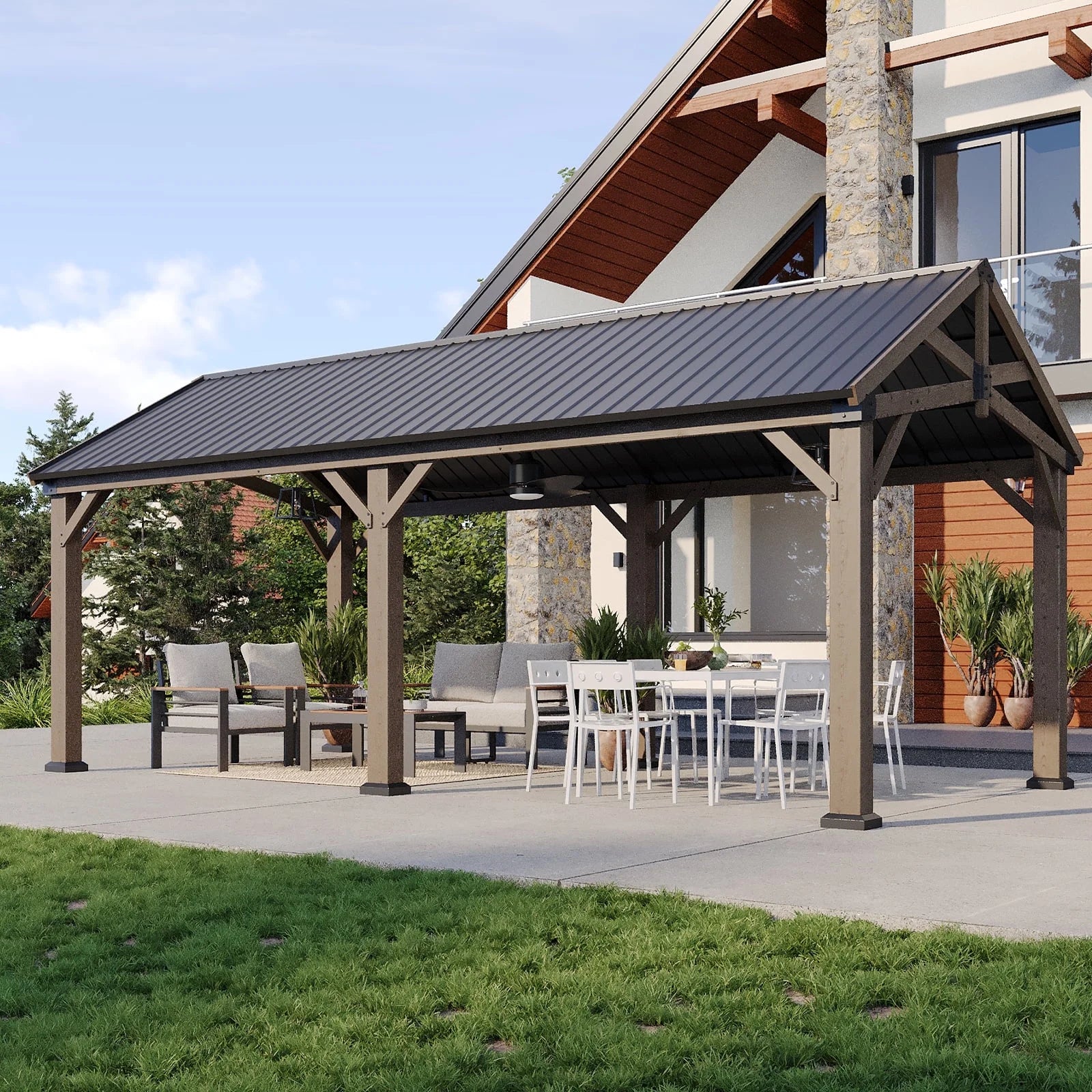 Sunmthink 10' x 12' Outdoor Wood Frame Gazebo, Hardtop Gazebo with Galvanized Steel, Permanent Wooden Pavilion for Patio Backyard Lawn Garden