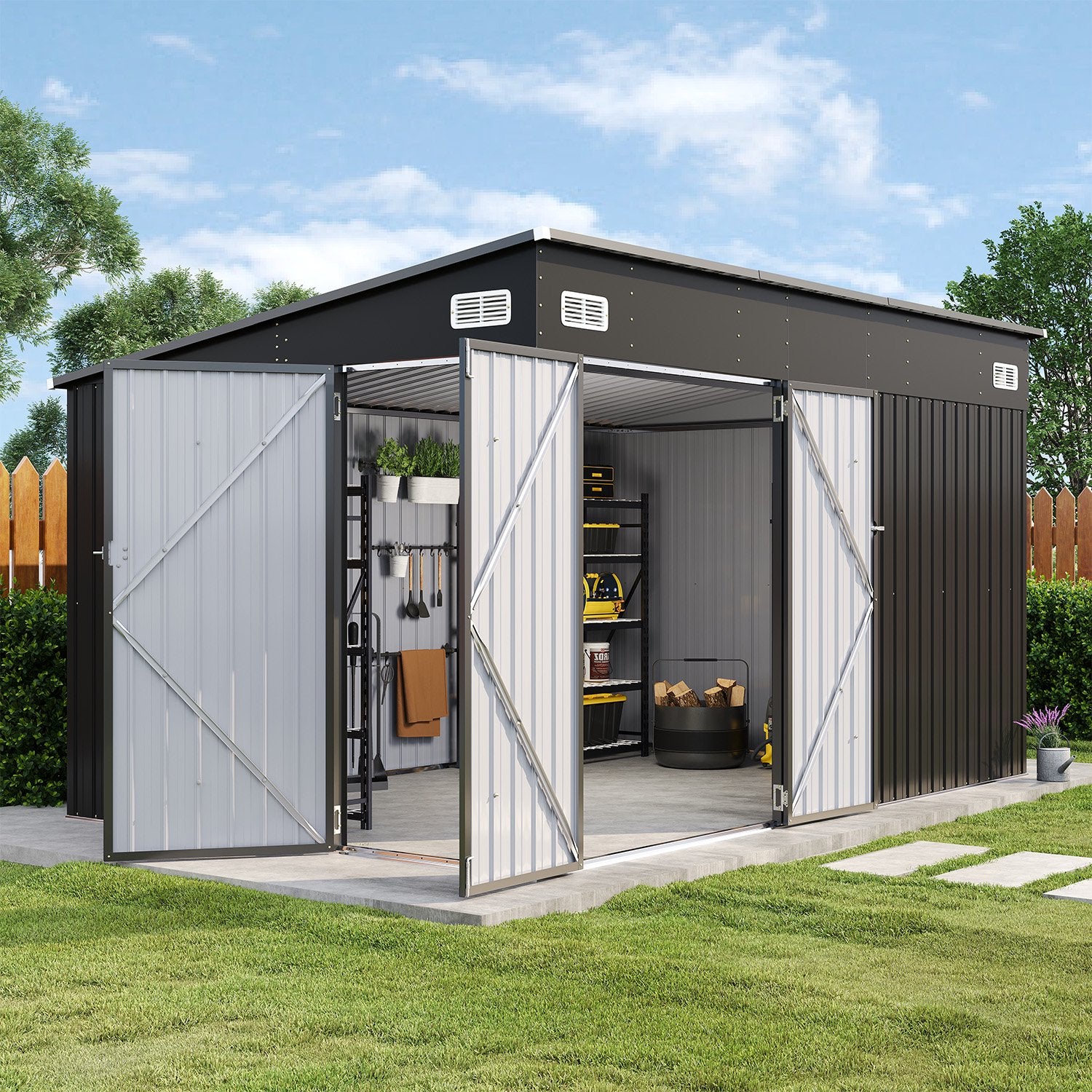 12' x 8' Metal Storage Shed with Triple Doors, Lockable Lean-to Design & Vents, Black
