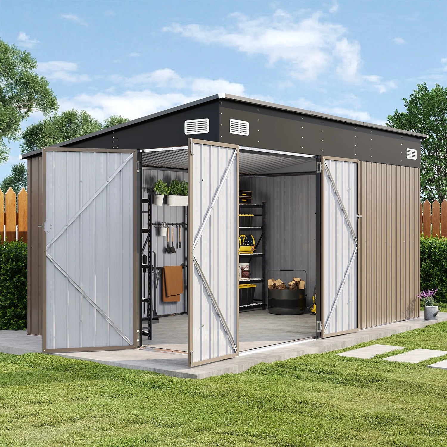 Sunmthink 12' x 8' Metal Storage Shed with Triple Doors, Lockable Lean-to Design & Vents, Brown