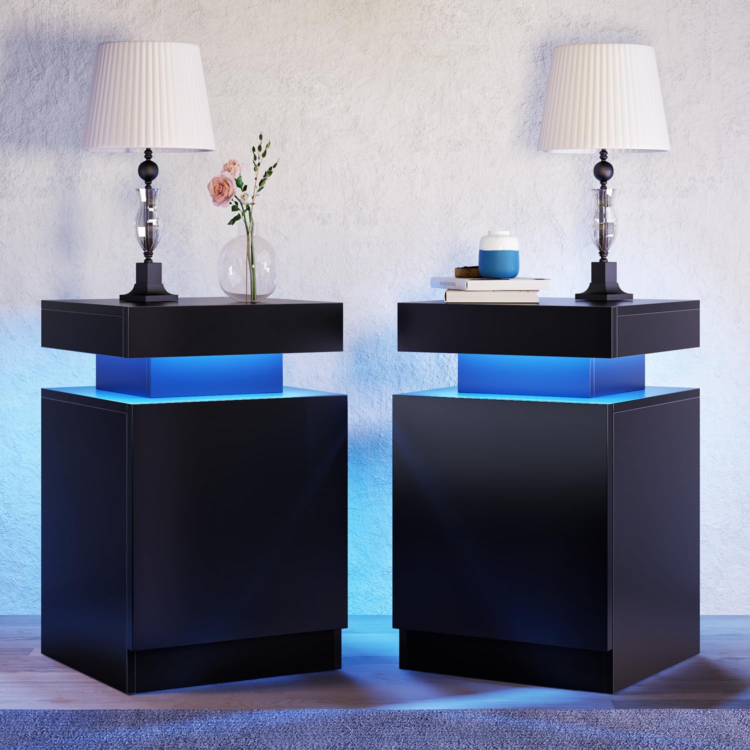 2 Pcs Nightstand with Led Lights, Black, Suitable for Bedroom, Sofa Side