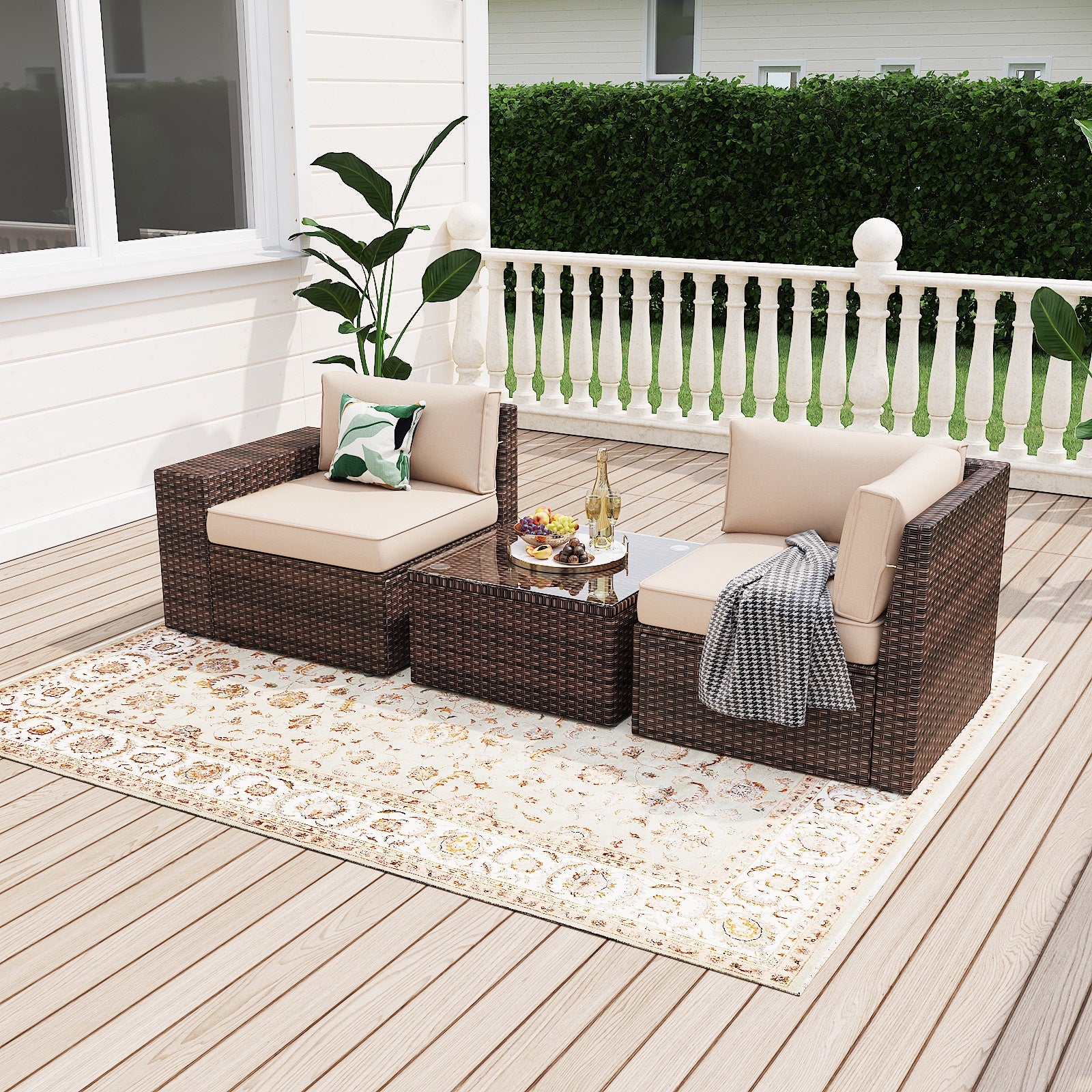 3 Pcs Patio Furniture Sets with Coffee Table,Patio Conversation Sets,Brown