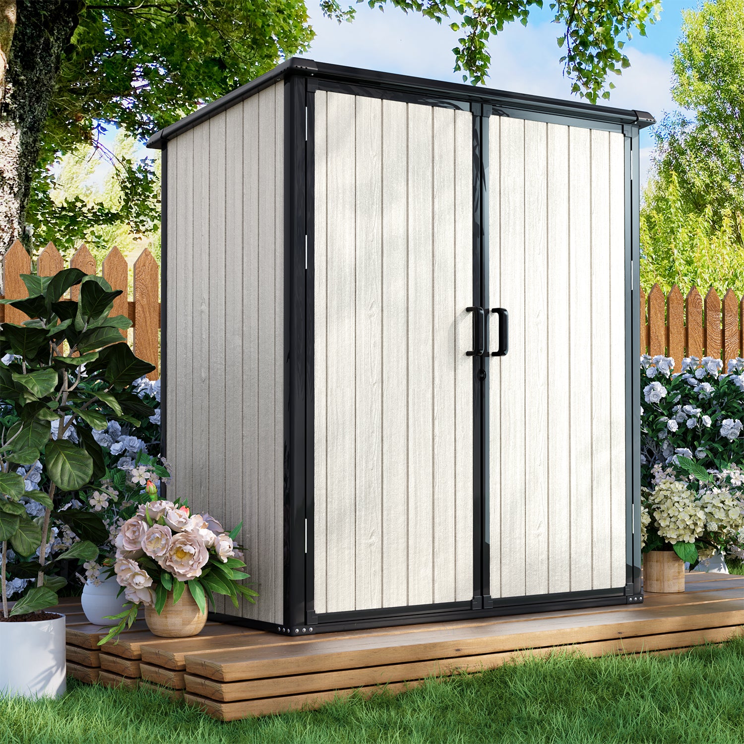 5.0' X 3.1' Resin Outdoor Shed with Base Frame, Plastic Shed with Lockable Door, for Garden, Ptaio, Backyard, Beige
