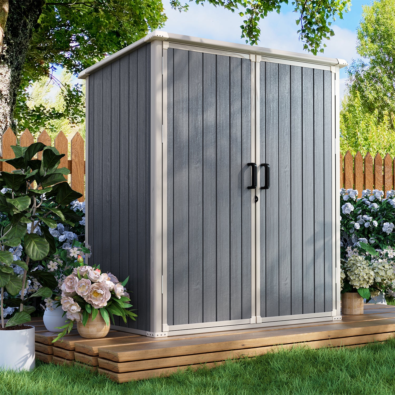 5.0' X 3.1' Resin Outdoor Shed with Base Frame, Plastic Shed with Lockable Door, for Garden, Ptaio, Backyard, Gray