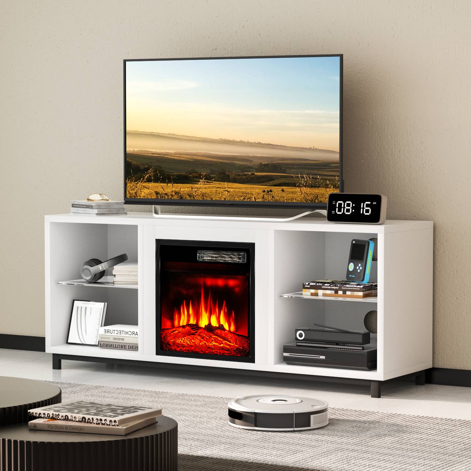 58" TV Stand with Fireplace, Grass Shelves, up to 65" TVs, White