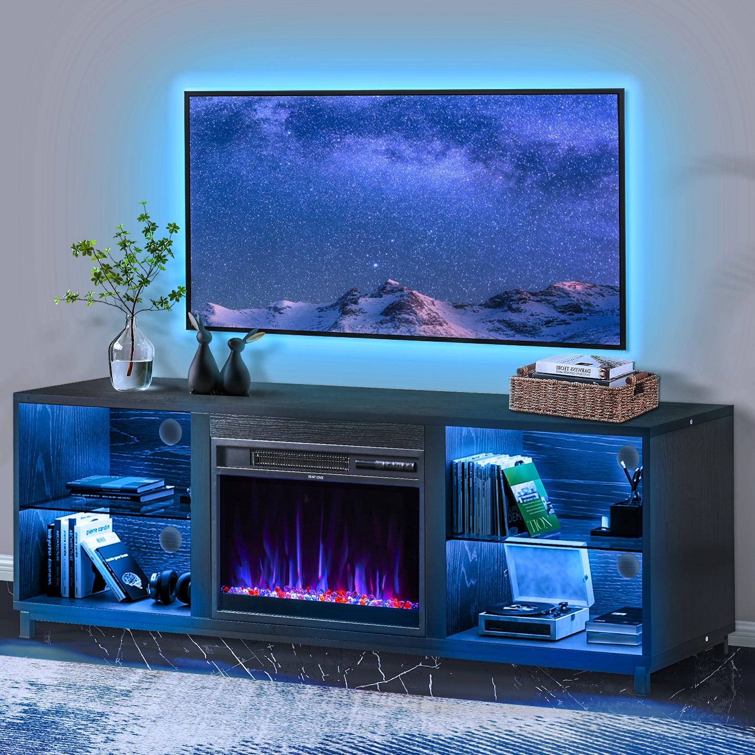 65" TV Stand with Fireplace for TVs up to 75", Entertainment Center with LED Light, TV Stand for Living Room, Black