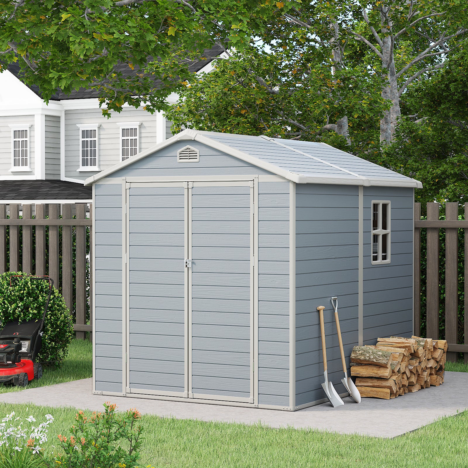 7.9' x 6.4' Outdoor Storage Shed, Resin Storage Shed 349 cu ft, w/Lockable Double Door & Air Vent for Backyard