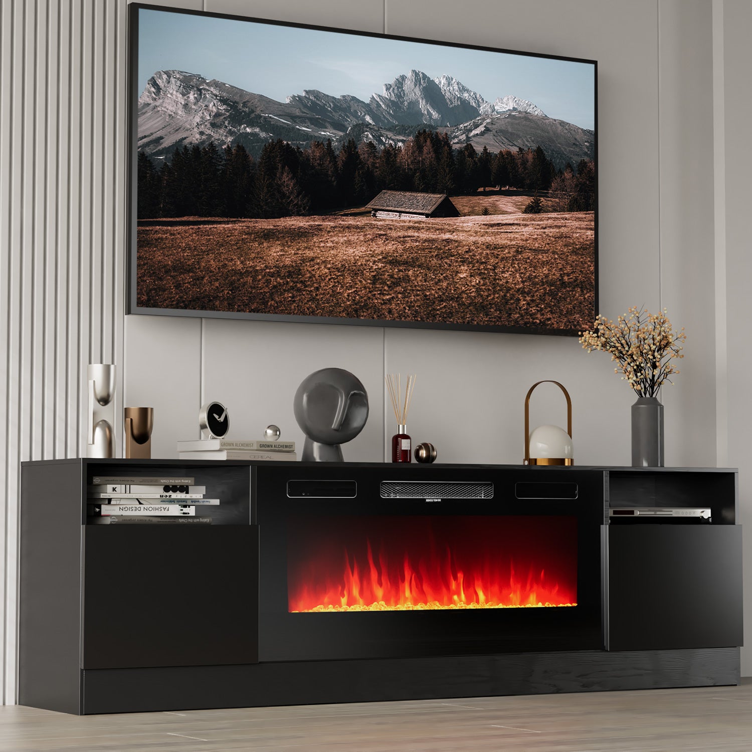 70" Fireplace TV Stand with LED Display, Entertainment Center, for TVs up to 80", Black
