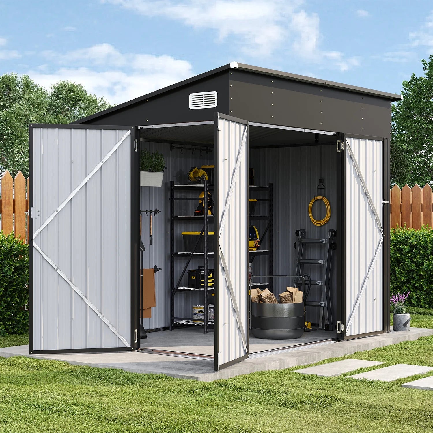 Sunmthink 8' x 6' Metal Storage Shed with Triple Doors, Lockable Lean-to Design & Vents, Black