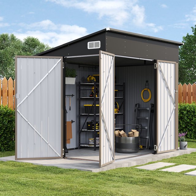 8' x 6' Metal Storage Shed with Triple Doors, Lockable Lean-to Design & Vents, Brown