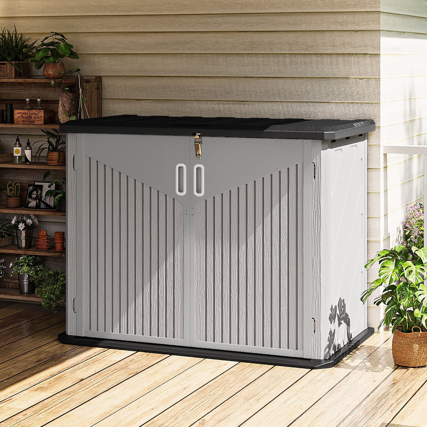 Horizontal Storage Shed 35 Cu.Ft, Outdoor Trash Can Storage Shed Waterproof, Resin,White