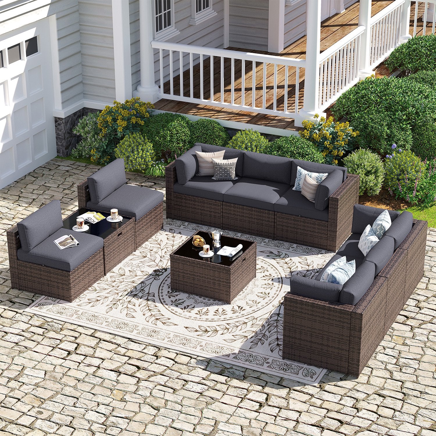Sunmthink Patio Furniture Sets, 10-Piece Outdoor Patio Furniture with Thick Cushions, Wicker Outdoor Conversation Set and Waterproof Cover for Backyard, Poolside, Garden