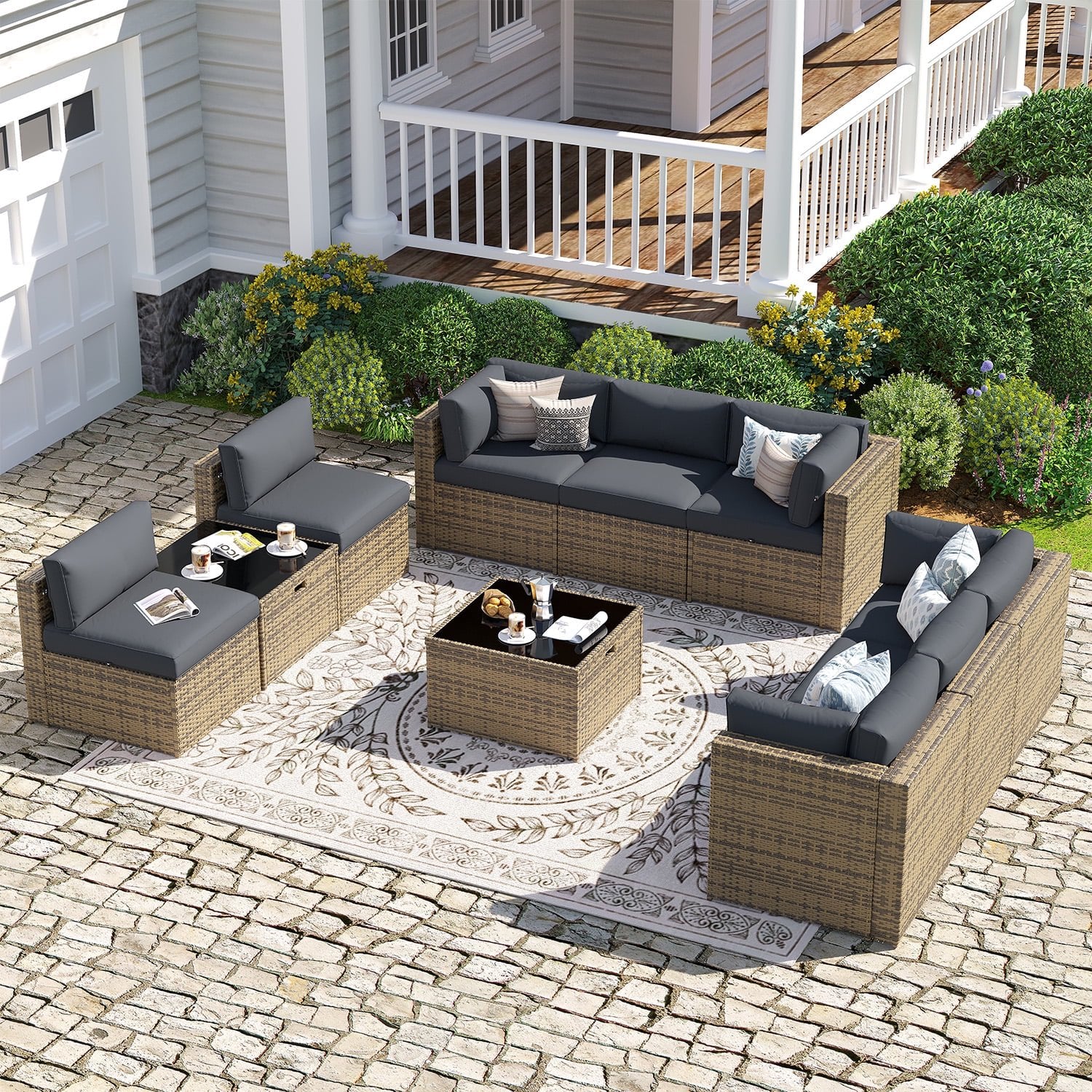Sunmthink Patio Furniture Sets, 10-Piece Outdoor Patio Furniture with Thick Cushions, Wicker Outdoor Conversation Set and Waterproof Cover for Backyard, Poolside, Garden
