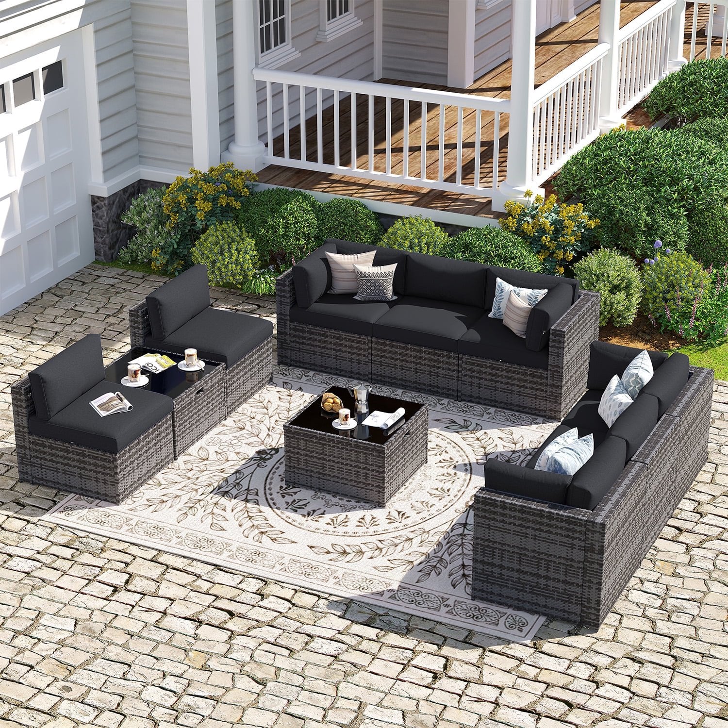 Sunmthink Patio Furniture Sets, 10-Piece Outdoor Patio Furniture with Thick Cushions, Wicker Outdoor Conversation Set and Waterproof Cover for Backyard, Poolside, Garden