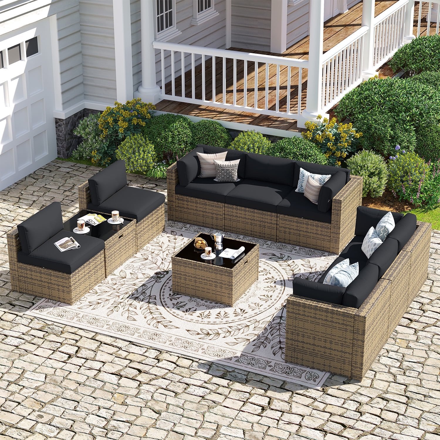 Sunmthink Patio Furniture Sets, 10-Piece Outdoor Patio Furniture with Thick Cushions, Wicker Outdoor Conversation Set and Waterproof Cover for Backyard, Poolside, Garden