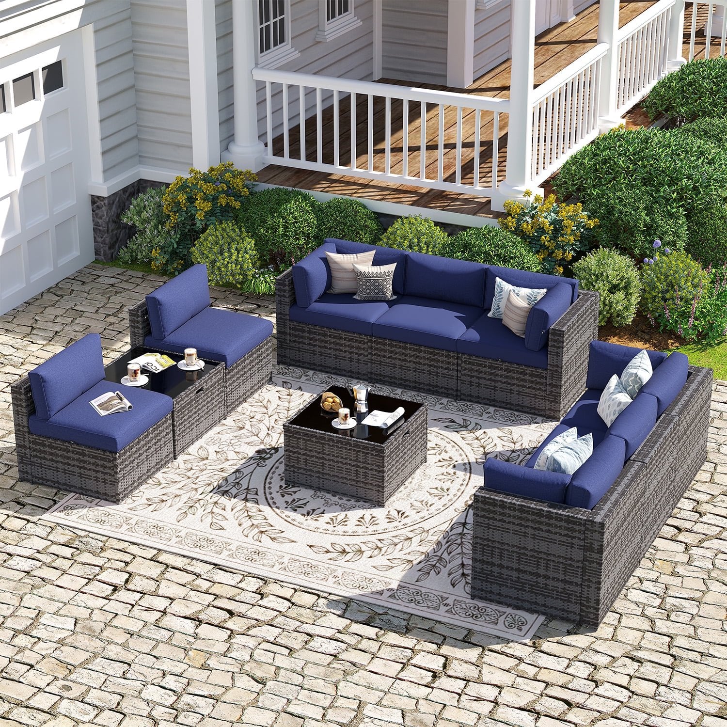 Sunmthink Patio Furniture Sets, 10-Piece Outdoor Patio Furniture with Thick Cushions, Wicker Outdoor Conversation Set and Waterproof Cover for Backyard, Poolside, Garden