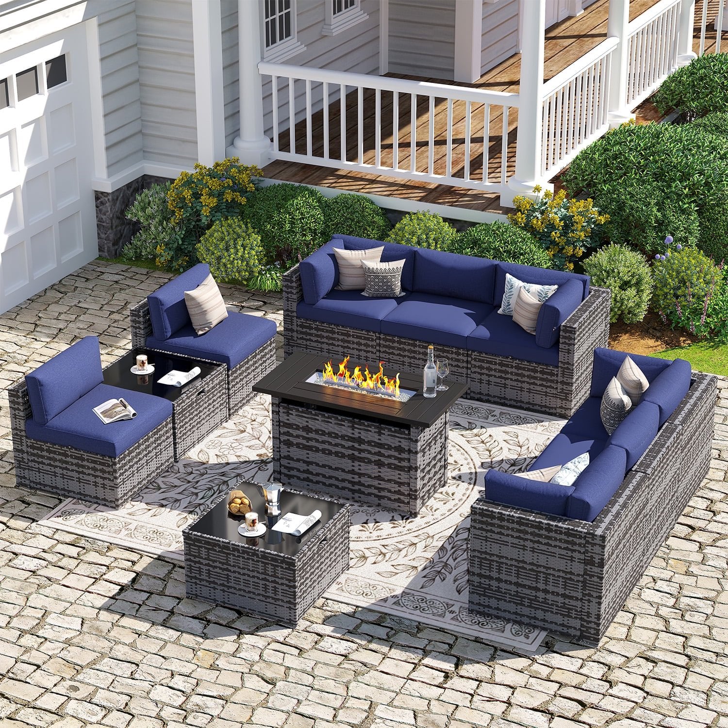 Sunmthink Patio Furniture Sets, 11-Piece Outdoor Patio Furniture with 44'' Propane Gas Firepit Table, Wicker Outdoor Conversation Set and Waterproof Cover for Backyard, Poolside, Garden