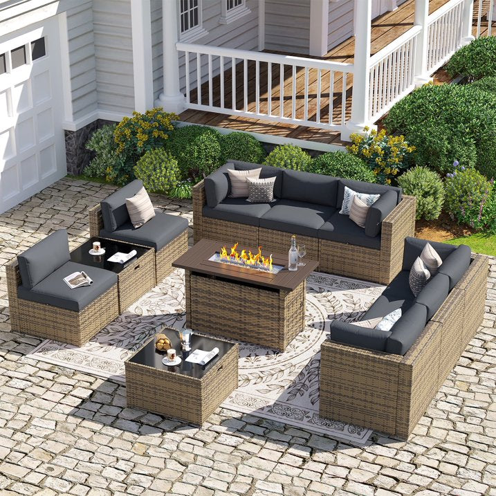 Sunmthink Patio Furniture Sets, 11-Piece Outdoor Patio Furniture with 44'' Propane Gas Firepit Table, Wicker Outdoor Conversation Set and Waterproof Cover for Backyard, Poolside, Garden