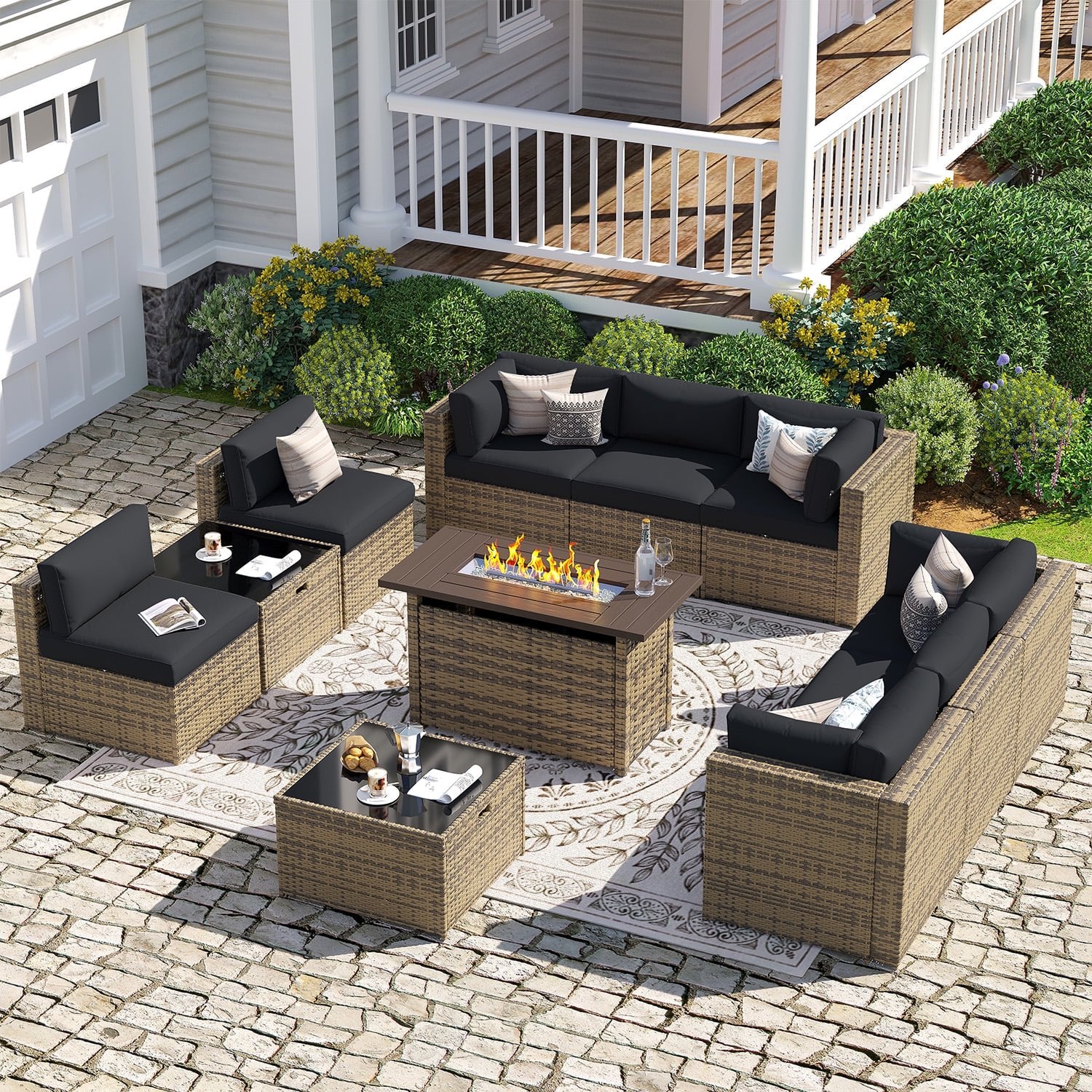 Sunmthink Patio Furniture Sets, 11-Piece Outdoor Patio Furniture with 44'' Propane Gas Firepit Table, Wicker Outdoor Conversation Set and Waterproof Cover for Backyard, Poolside, Garden