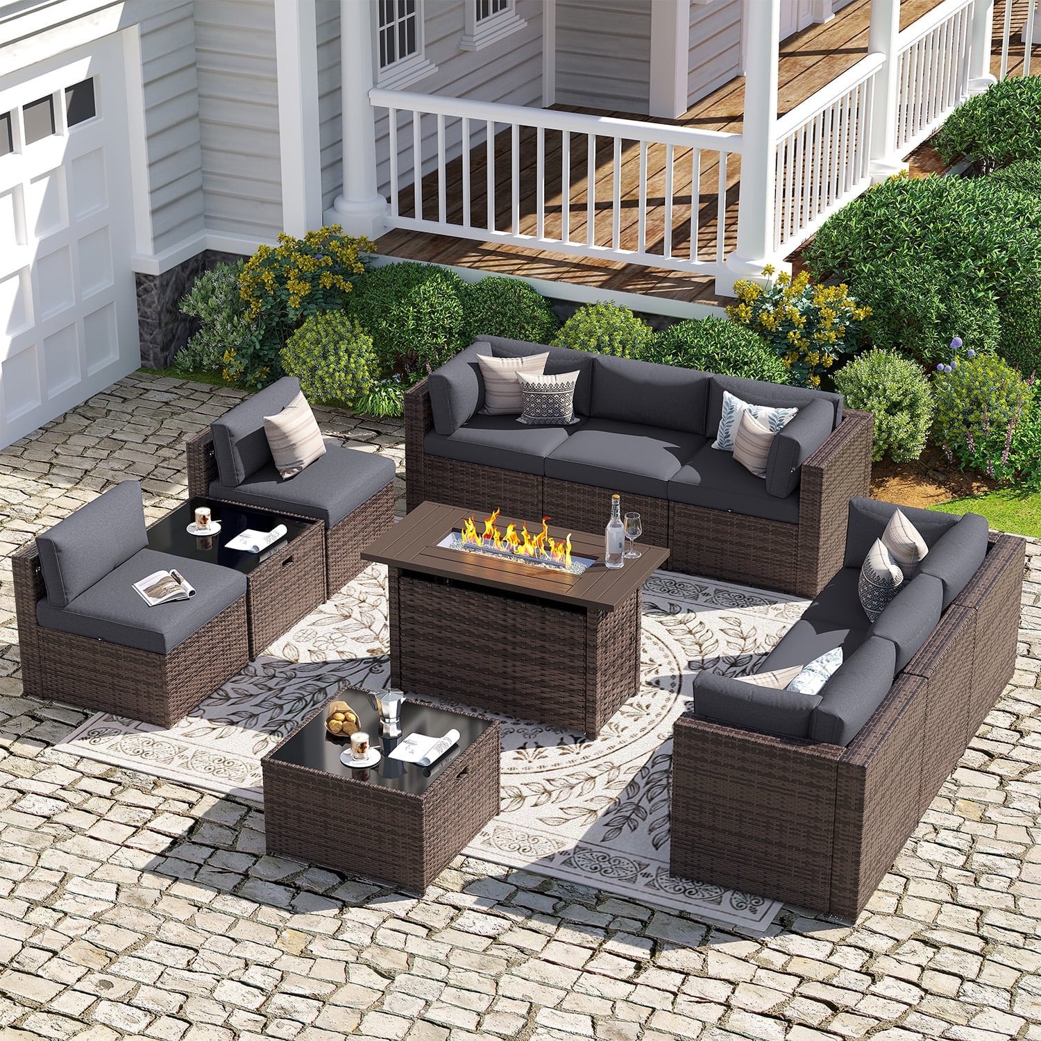 Sunmthink Patio Furniture Sets, 11-Piece Outdoor Patio Furniture with 44'' Propane Gas Firepit Table, Wicker Outdoor Conversation Set and Waterproof Cover for Backyard, Poolside, Garden