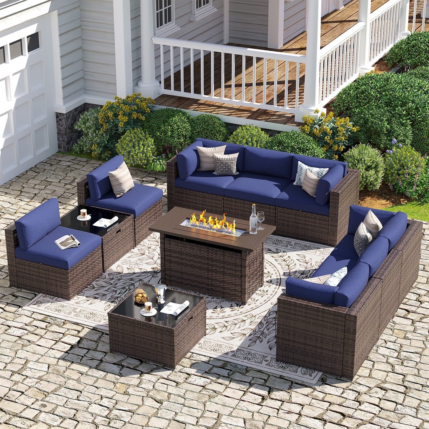 Sunmthink Patio Furniture Sets, 11-Piece Outdoor Patio Furniture with 44'' Propane Gas Firepit Table, Wicker Outdoor Conversation Set and Waterproof Cover for Backyard, Poolside, Garden