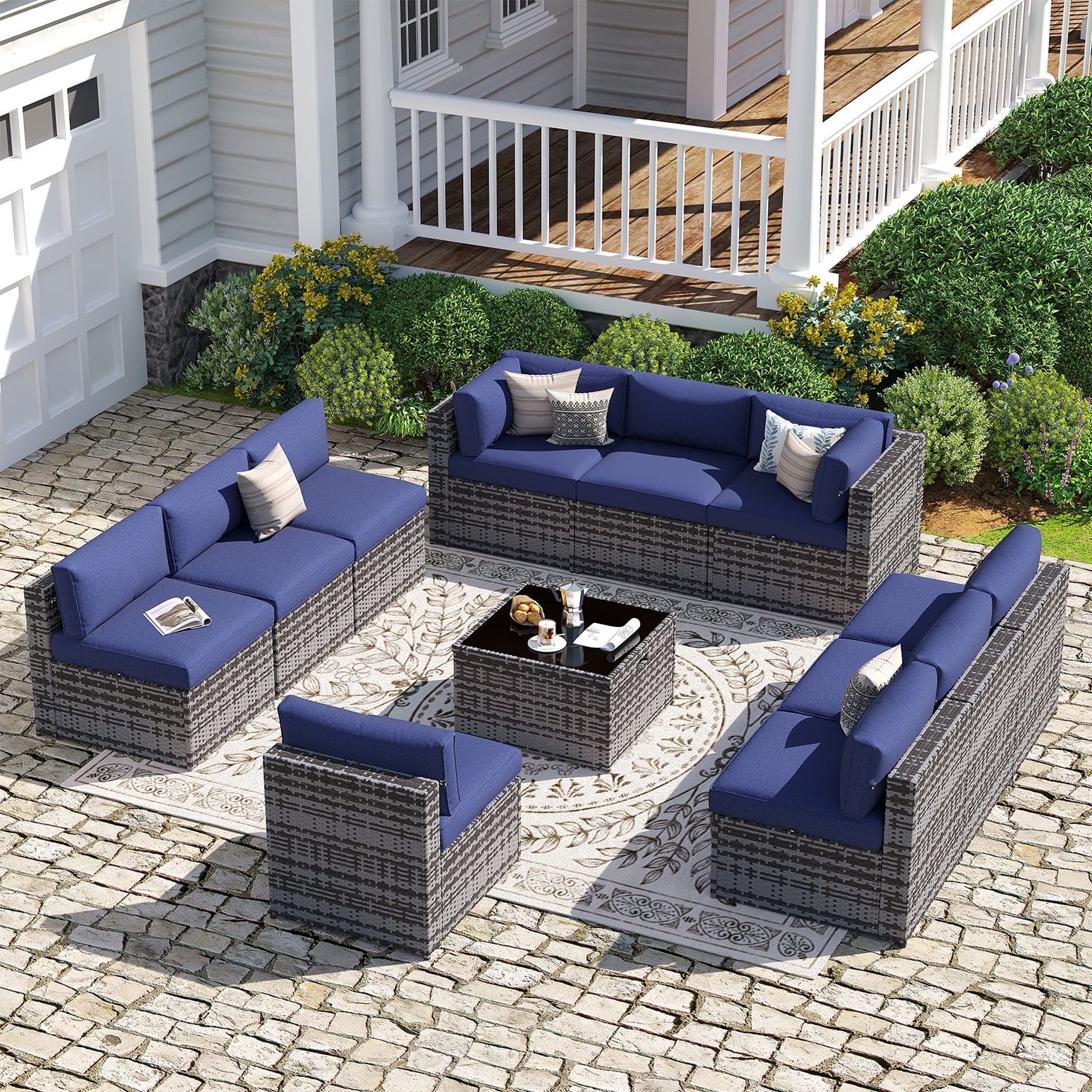 Sunmthink Patio Furniture Sets, 11-Piece Outdoor Patio Furniture with Thick Cushions, Wicker Outdoor Conversation Set and Waterproof Cover for Backyard, Poolside, Garden
