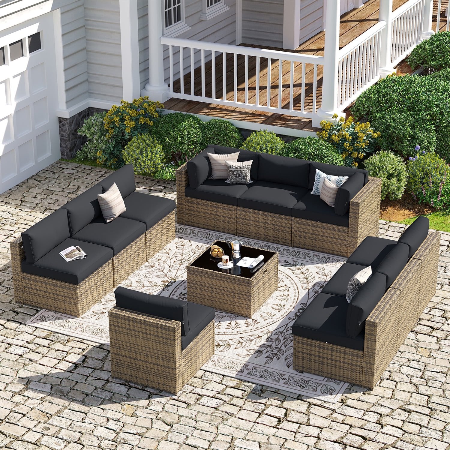 Sunmthink Patio Furniture Sets, 11-Piece Outdoor Patio Furniture with Thick Cushions, Wicker Outdoor Conversation Set and Waterproof Cover for Backyard, Poolside, Garden