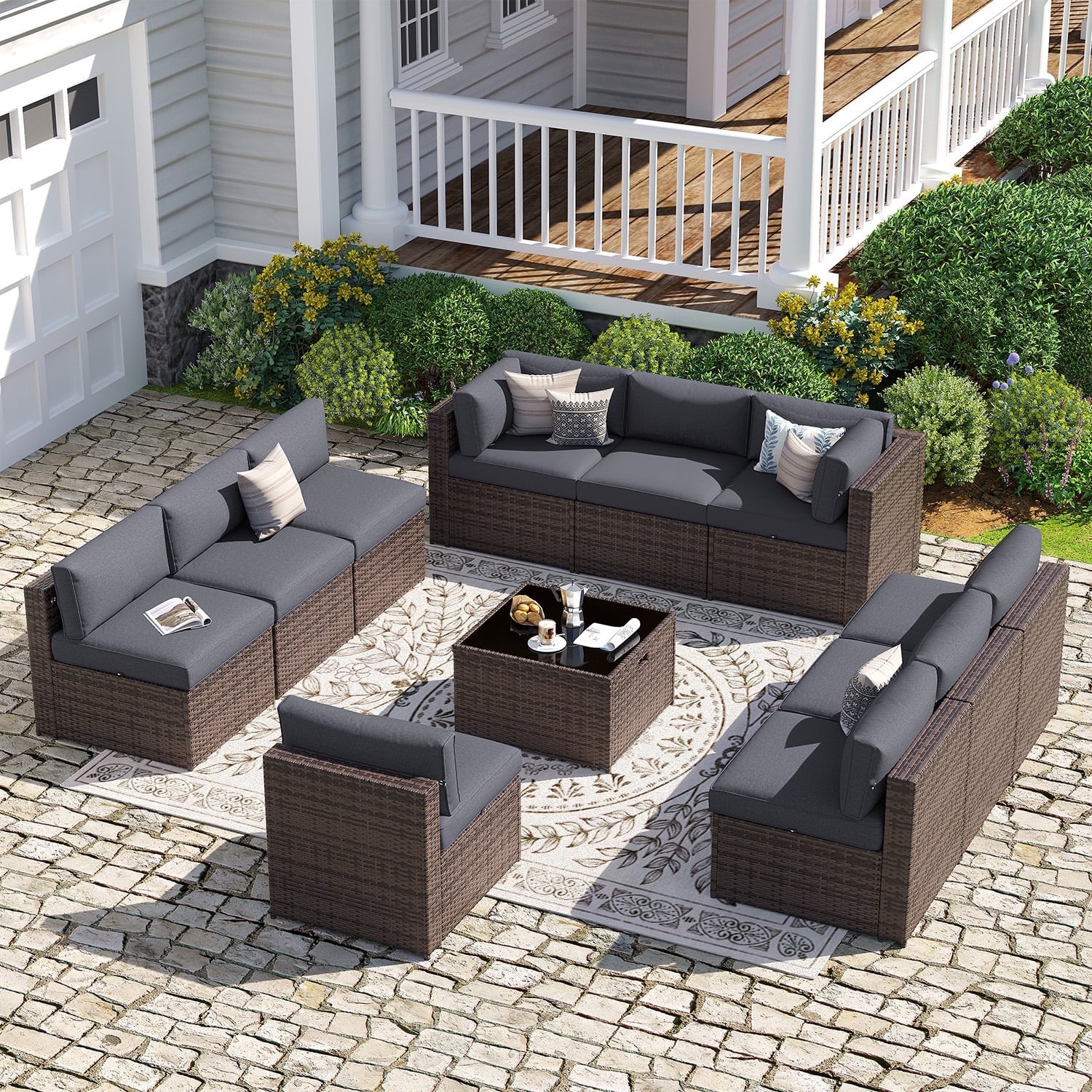 Sunmthink Patio Furniture Sets, 11-Piece Outdoor Patio Furniture with Thick Cushions, Wicker Outdoor Conversation Set and Waterproof Cover for Backyard, Poolside, Garden