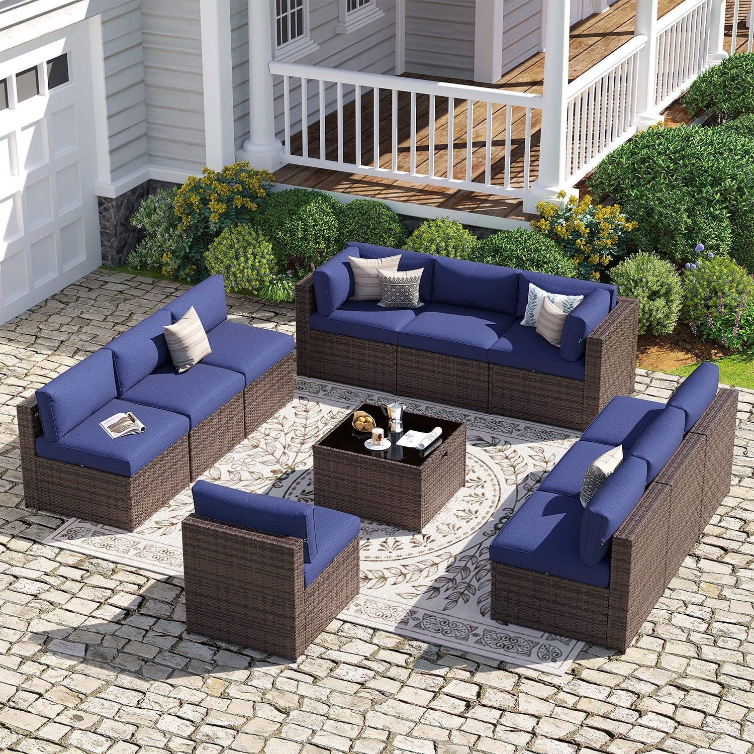 Sunmthink Patio Furniture Sets, 11-Piece Outdoor Patio Furniture with Thick Cushions, Wicker Outdoor Conversation Set and Waterproof Cover for Backyard, Poolside, Garden