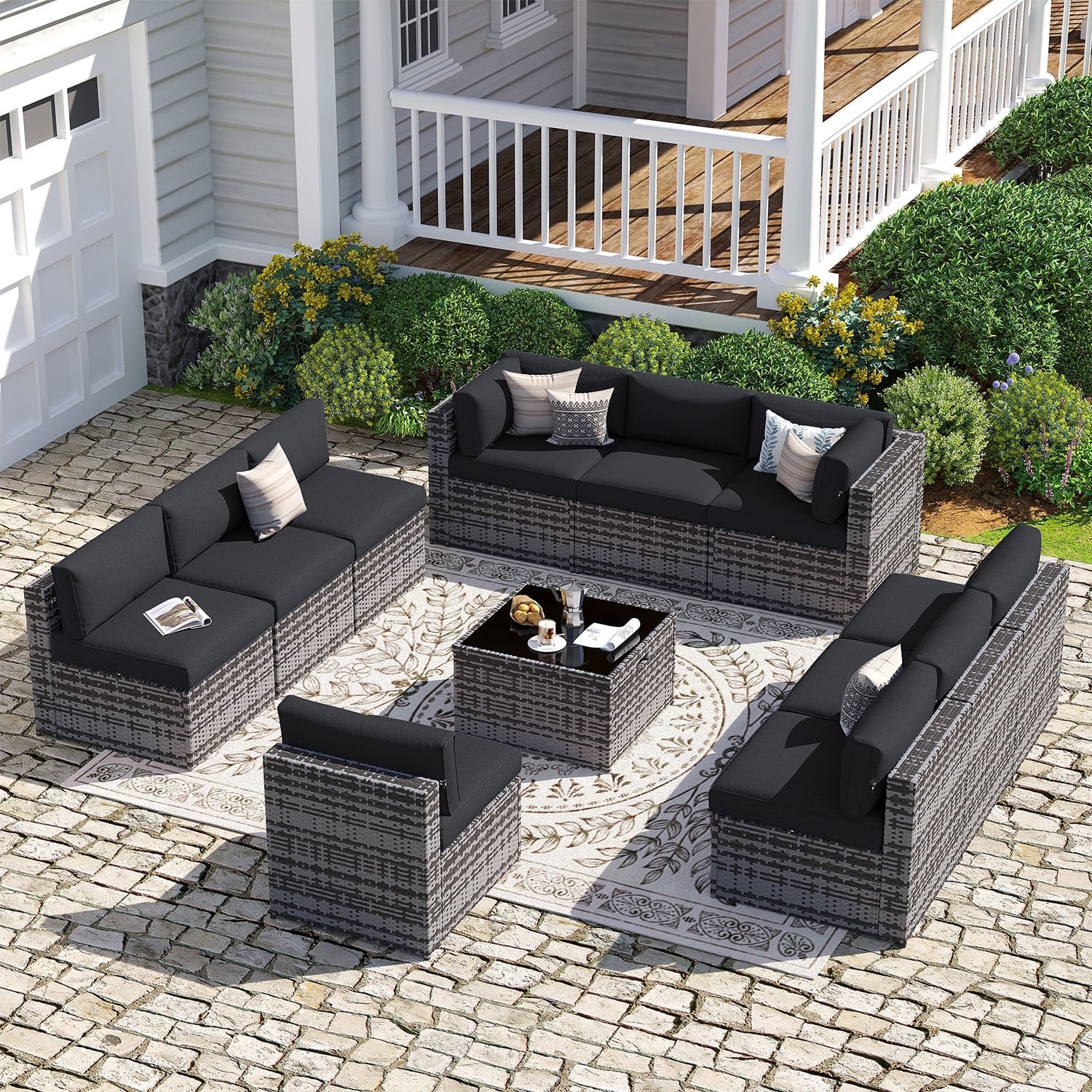 Sunmthink Patio Furniture Sets, 11-Piece Outdoor Patio Furniture with Thick Cushions, Wicker Outdoor Conversation Set and Waterproof Cover for Backyard, Poolside, Garden