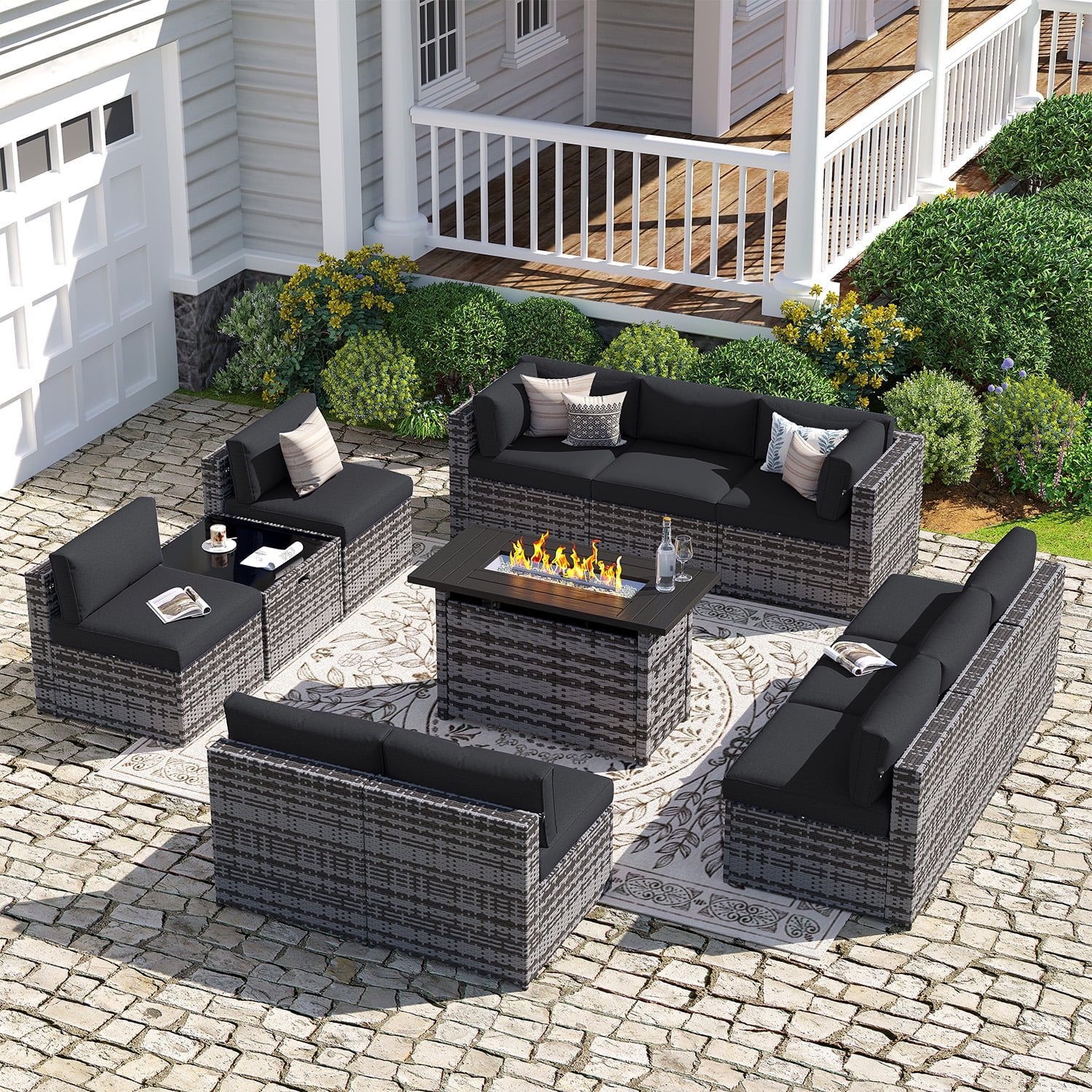 Sunmthink Patio Furniture Sets, 12-Piece Outdoor Patio Furniture with 44'' Propane Gas Firepit Table, Wicker Outdoor Conversation Set and Waterproof Cover for Backyard, Poolside, Garden
