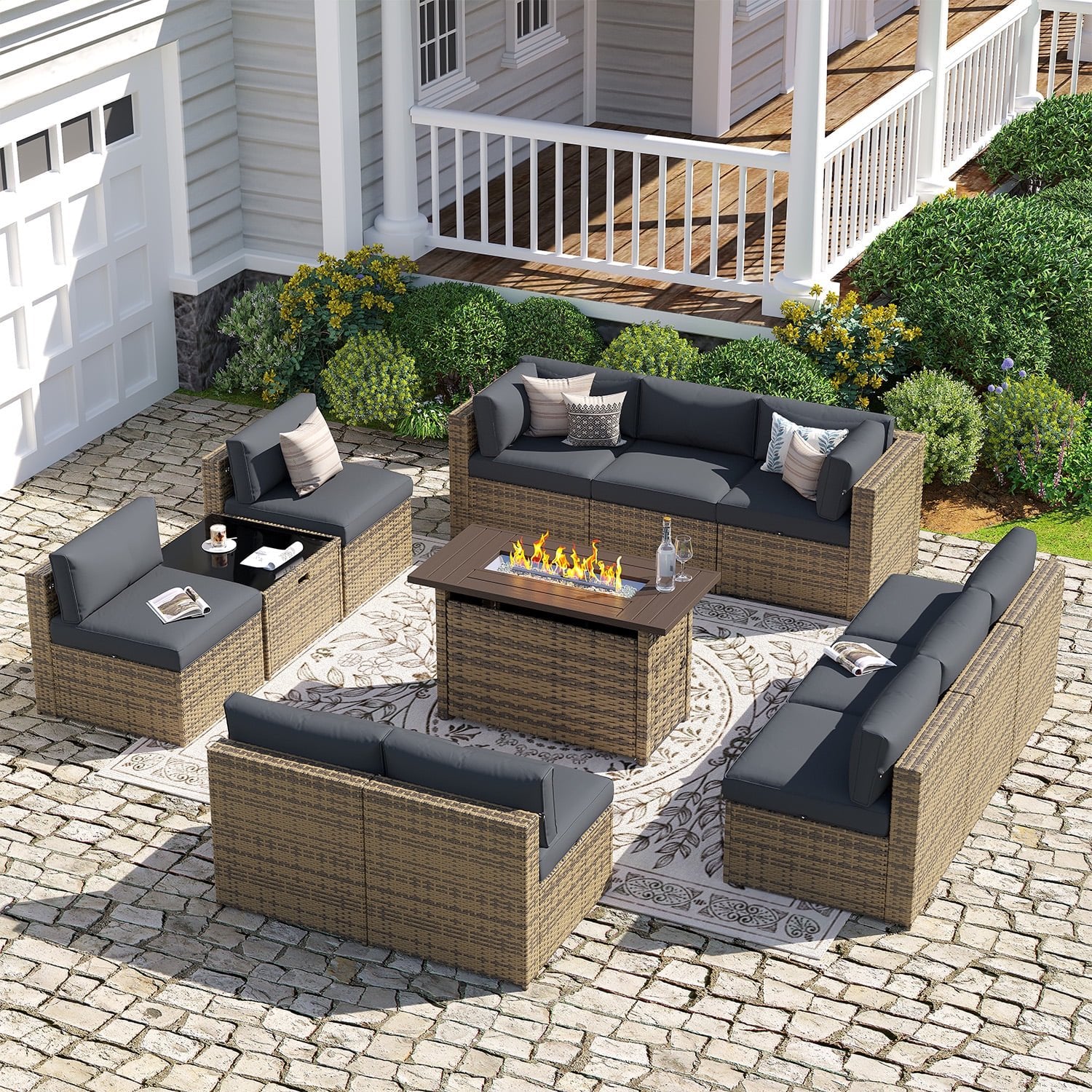 Sunmthink Patio Furniture Sets, 12-Piece Outdoor Patio Furniture with 44'' Propane Gas Firepit Table, Wicker Outdoor Conversation Set and Waterproof Cover for Backyard, Poolside, Garden