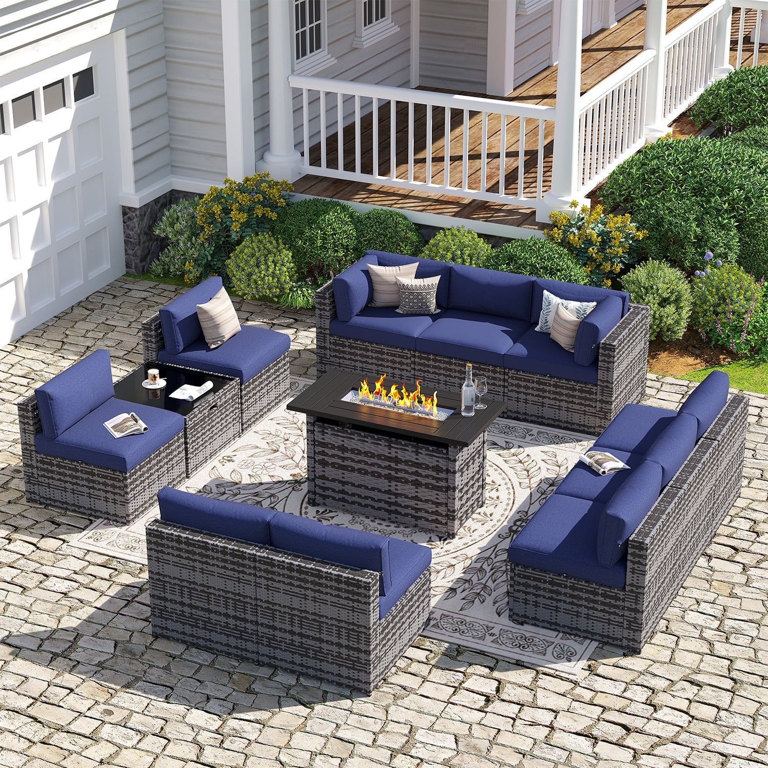 Sunmthink Patio Furniture Sets, 12-Piece Outdoor Patio Furniture with 44'' Propane Gas Firepit Table, Wicker Outdoor Conversation Set and Waterproof Cover for Backyard, Poolside, Garden