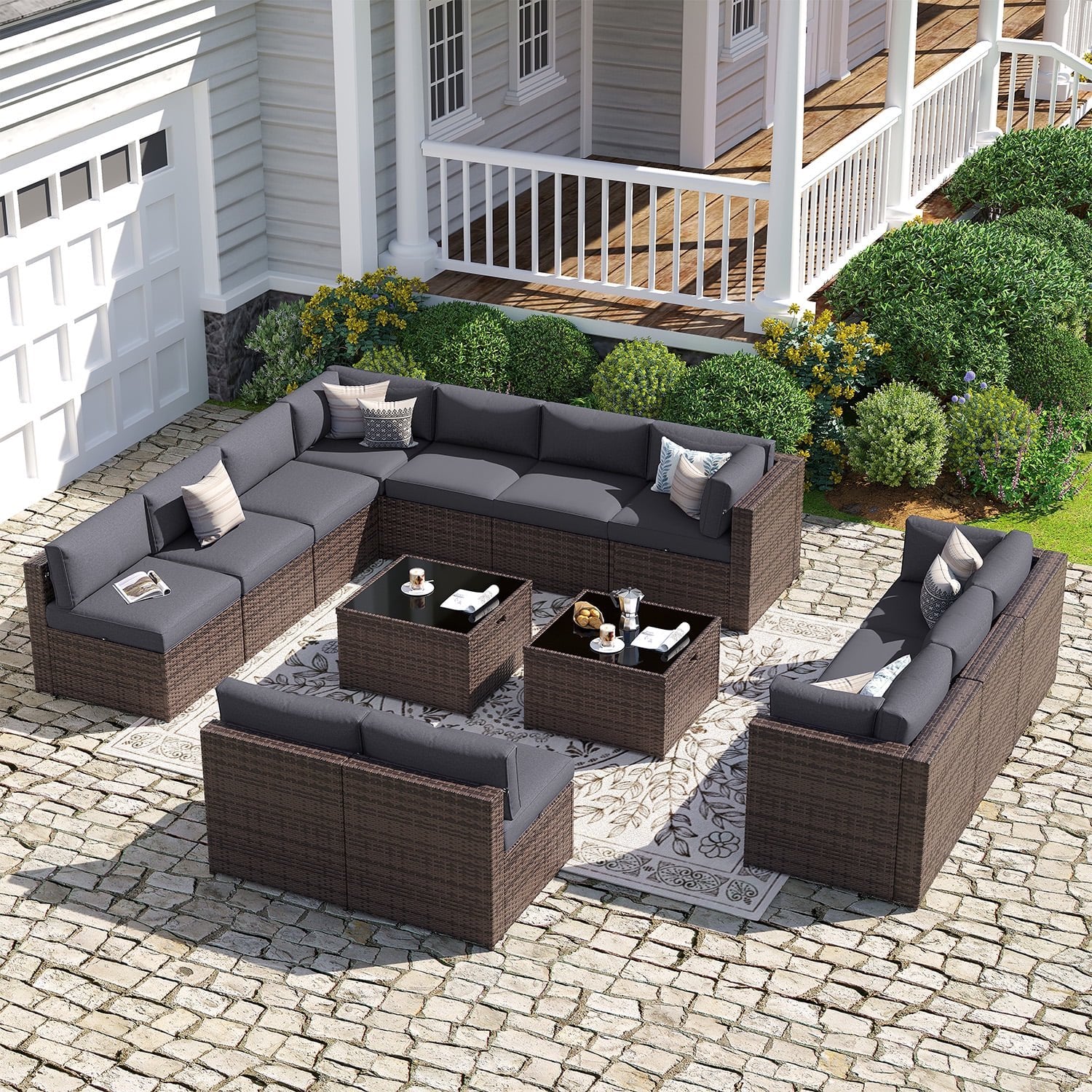 Sunmthink Patio Furniture Sets, 14-Piece Outdoor Patio Furniture with Thick Cushions, Wicker Outdoor Conversation Set and Waterproof Cover for Backyard, Poolside, Garden