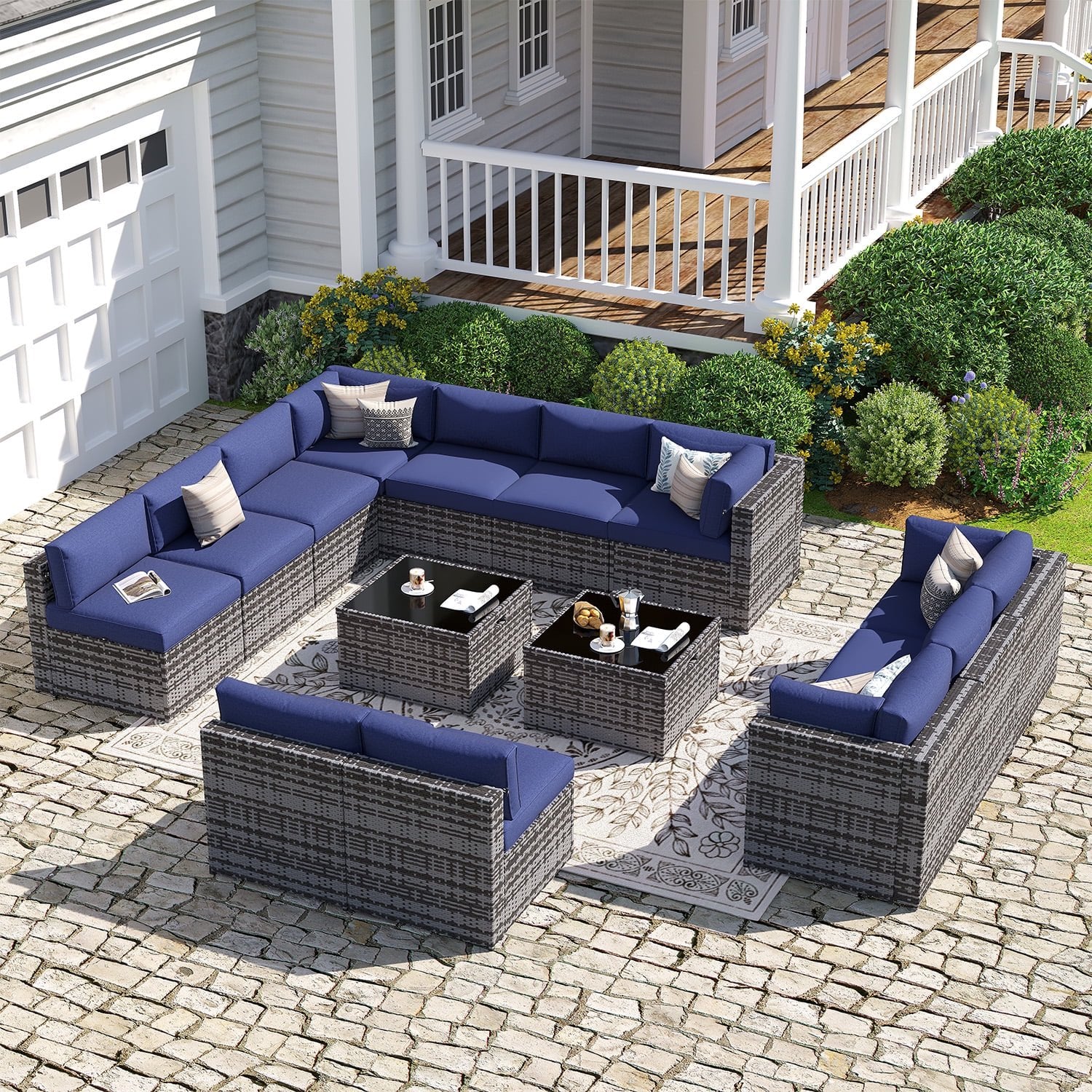 Sunmthink Patio Furniture Sets, 14-Piece Outdoor Patio Furniture with Thick Cushions, Wicker Outdoor Conversation Set and Waterproof Cover for Backyard, Poolside, Garden