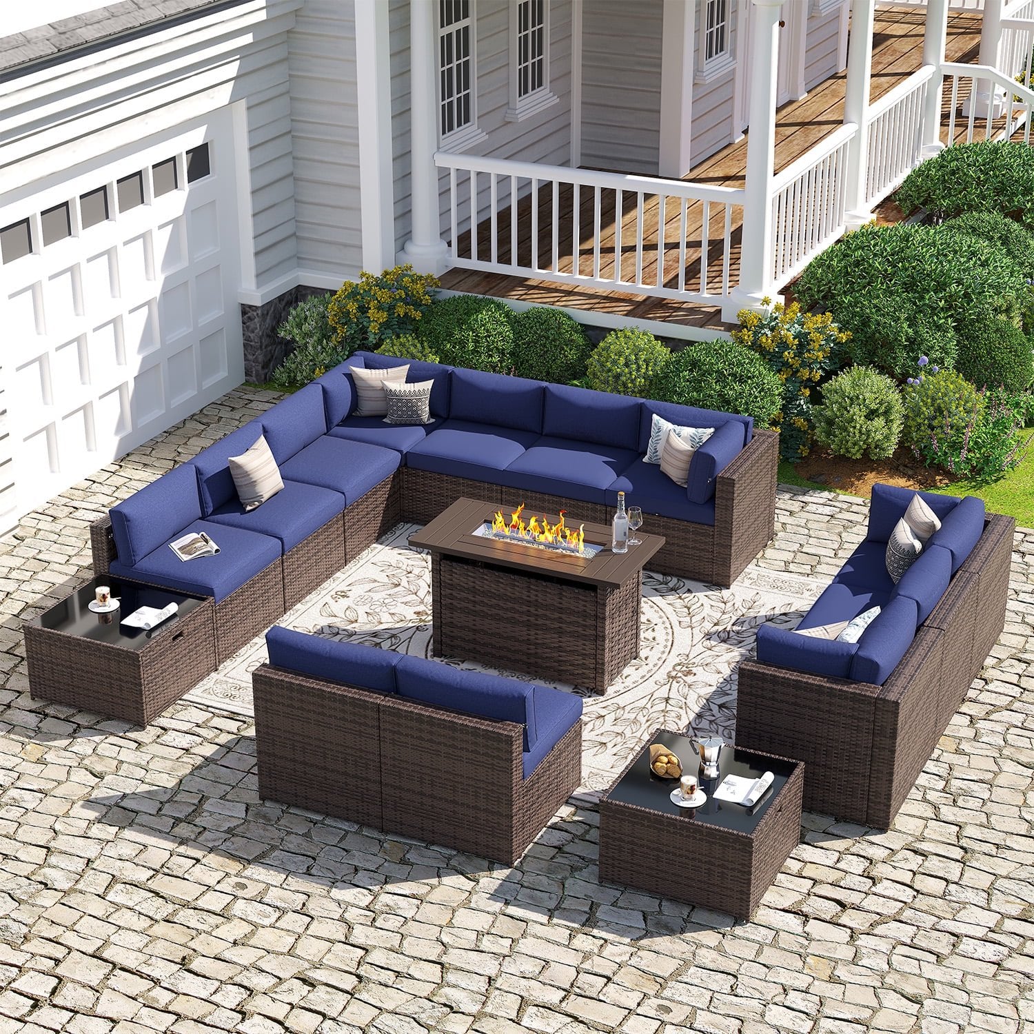 Sunmthink Patio Furniture Sets, 15-Piece Outdoor Patio Furniture with 44'' Propane Gas Firepit Table, Wicker Outdoor Conversation Set and Waterproof Cover for Backyard, Poolside, Garden