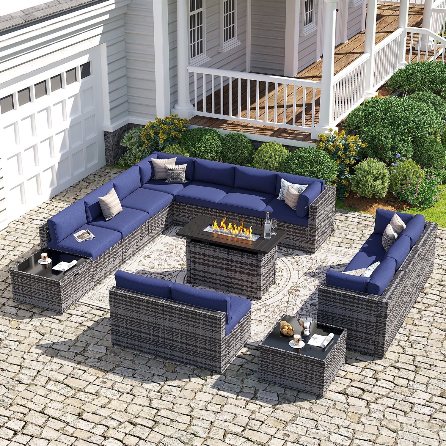 Sunmthink Patio Furniture Sets, 15-Piece Outdoor Patio Furniture with 44'' Propane Gas Firepit Table, Wicker Outdoor Conversation Set and Waterproof Cover for Backyard, Poolside, Garden