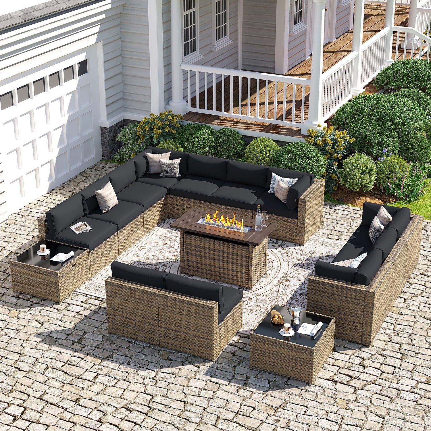 Sunmthink Patio Furniture Sets, 15-Piece Outdoor Patio Furniture with 44'' Propane Gas Firepit Table, Wicker Outdoor Conversation Set and Waterproof Cover for Backyard, Poolside, Garden
