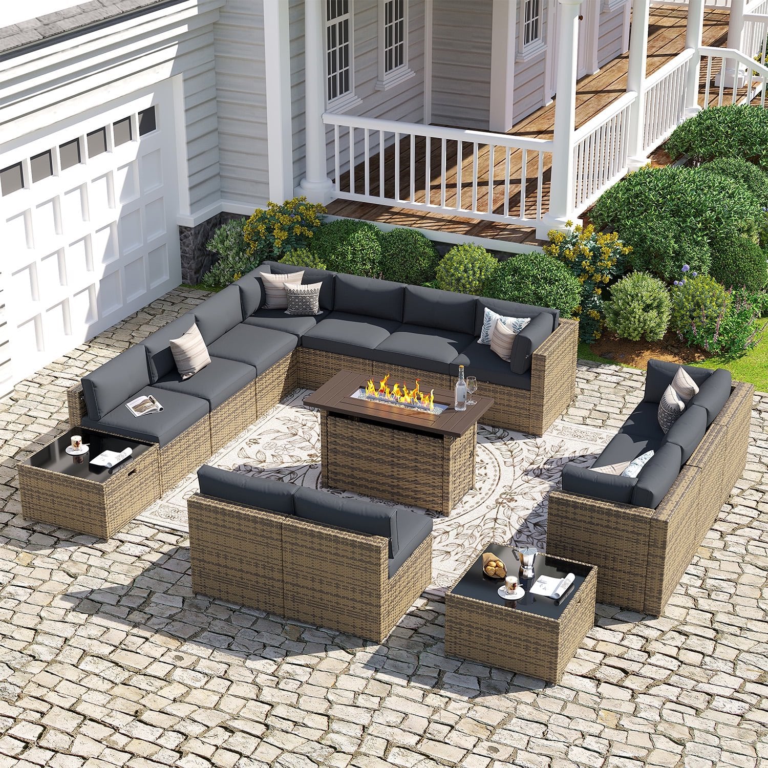 Sunmthink Patio Furniture Sets, 15-Piece Outdoor Patio Furniture with 44'' Propane Gas Firepit Table, Wicker Outdoor Conversation Set and Waterproof Cover for Backyard, Poolside, Garden