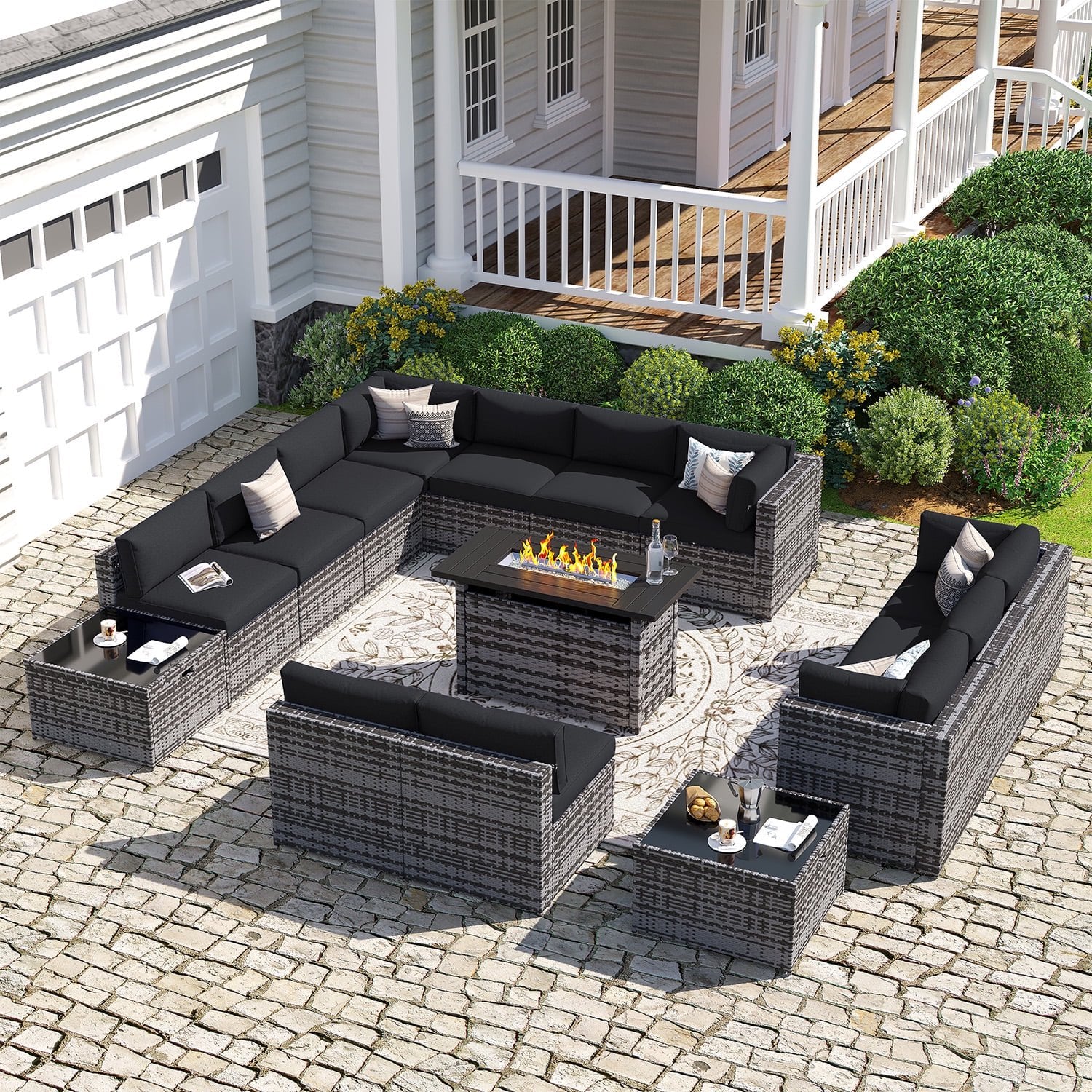 Sunmthink Patio Furniture Sets, 15-Piece Outdoor Patio Furniture with 44'' Propane Gas Firepit Table, Wicker Outdoor Conversation Set and Waterproof Cover for Backyard, Poolside, Garden