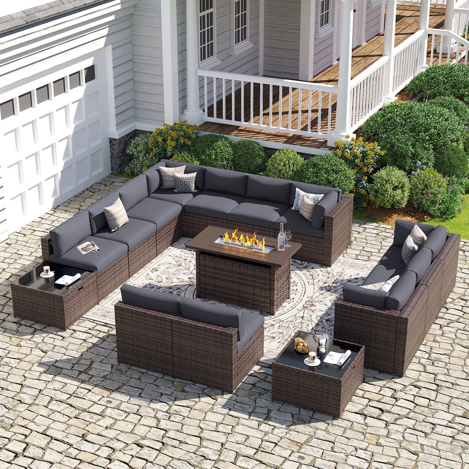 Sunmthink Patio Furniture Sets, 15-Piece Outdoor Patio Furniture with 44'' Propane Gas Firepit Table, Wicker Outdoor Conversation Set and Waterproof Cover for Backyard, Poolside, Garden