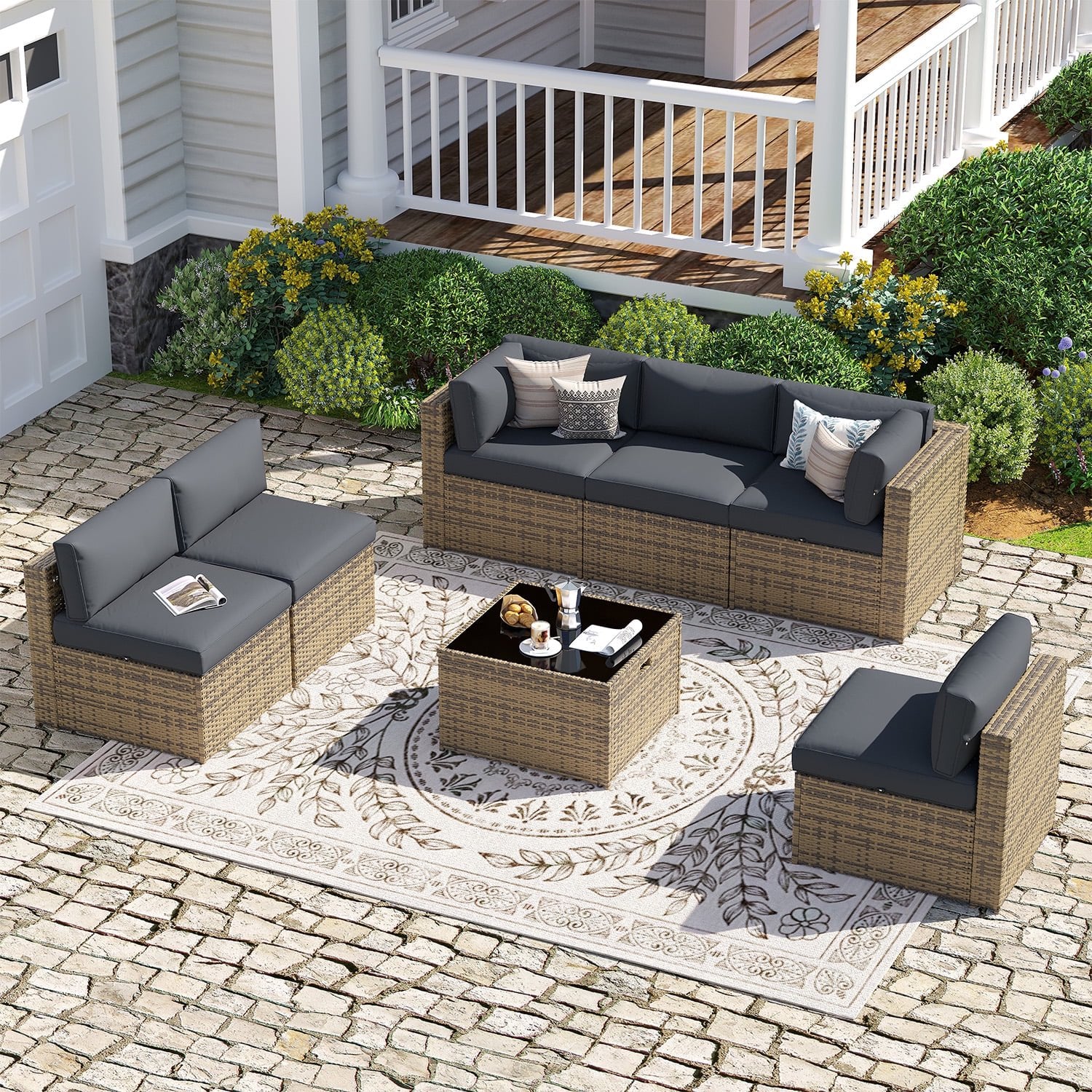 Sunmthink Patio Furniture Sets, 7-Piece Outdoor Patio Furniture with Thick Cushions, Wicker Outdoor Conversation Set and Waterproof Cover for Backyard, Poolside, Garden